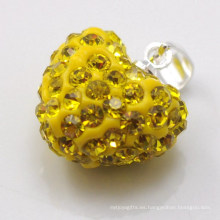 Colgante cristalino amarillo al por mayor de la arcilla de la llegada 15MM de la nueva llegada Shamballa pendiente al por mayor de la arcilla de la forma del corazón para la joyería de DIY